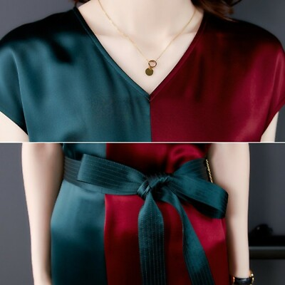 #ad Women Satin Faux Silk Dress Short Sleeve Assorted Color V neck Belt Elegant $35.63