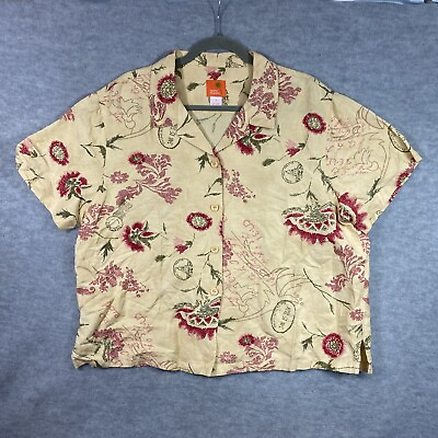 #ad Hearts of Palm Shirt Womens 16 Yellow Hawaiian Linen Rayon Short Slv Button Down $15.00
