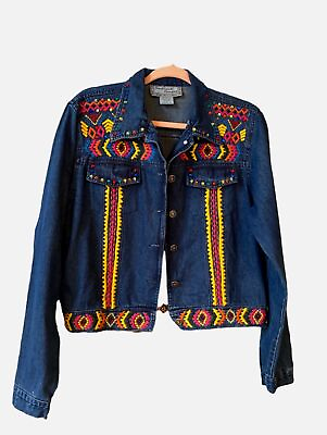 #ad Southwest Canyon Embroidered Denim Jacket Rhinestone Colorful Size Large $40.00