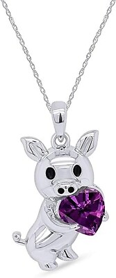 #ad Pig Pendant 18quot; Necklace Love Heart Cut Pear Simulated Amethyst Sterling Silver $53.35