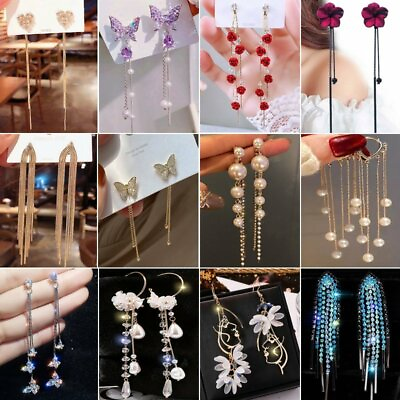 #ad Fashion Long Tassel Zircon Crystal Earrings Stud Pearl Drop Dangle Women Jewelry C $3.22