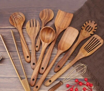 #ad 10pcs set Teak Wood Cooking Utensils Set Natural Handcrafted Spatulas Ladles $87.00