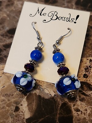 #ad ME Beads Blue purple Murano Glass Earrings Bead Hand dangle $8.99