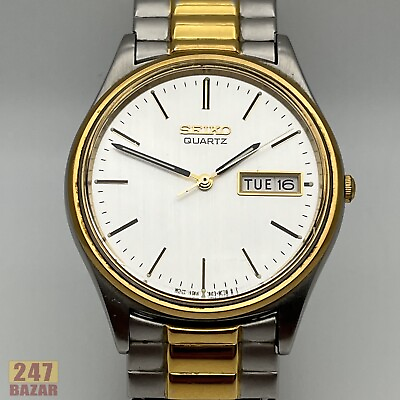 #ad Vintage Seiko Two Tone Stainless Steel Day Date Quartz Men#x27;s Watch 7N43 8A39 $54.00