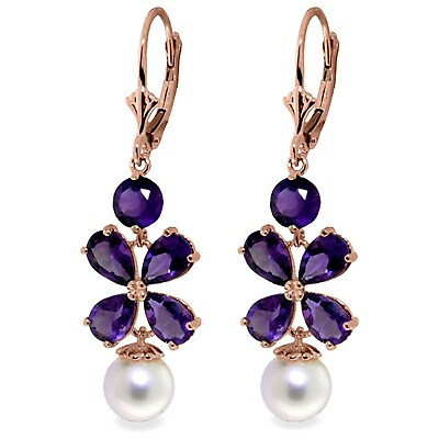 #ad 6.28 Carat 14K Solid Rose Gold Chandelier Gemstone Earrings Amethyst Pearl $498.00