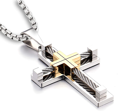 #ad Men#x27;S Cross Necklace 316L Stainless Steel Large Jesus Christ Pendant White Gold $96.55