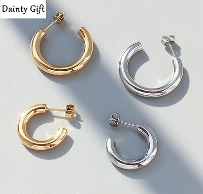 #ad Women Girl Titanium Stainless Steel Gold Silver Smooth Half C Hoop Earring Stud $13.50