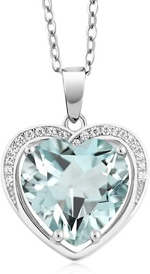 #ad 925 Sterling Silver Crystal Heart Simulated Aquamarine Birthstone Necklace Gifts $113.35