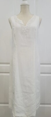 #ad Charter Club Sheath Dress 100% Linen White Beaded Trim Size 8 Lined Sleeveless $24.99