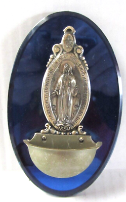 #ad Vtg. Virgin Mary Holy Water Tin Font Blue Mirrored Glass amp; Removable Water Tray $29.95