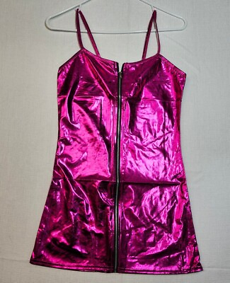 #ad Hot Metallic Pink Zipper Club Wear Lingerie Dress Medium Wet Look Dancer NEW $11.00