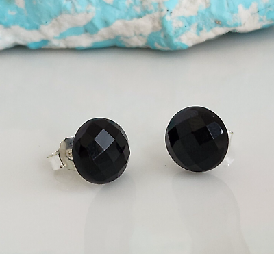 #ad Natural Onyx 10mm Faceted Half round Stud Earrings Solid 925 Sterling Sliver $16.90