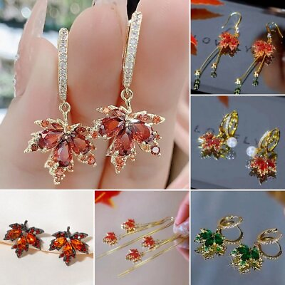 #ad Fashion Red Maple Leaf Crystal Zircon Stud Earrings Women Drop Dangle Jewelry C $2.11