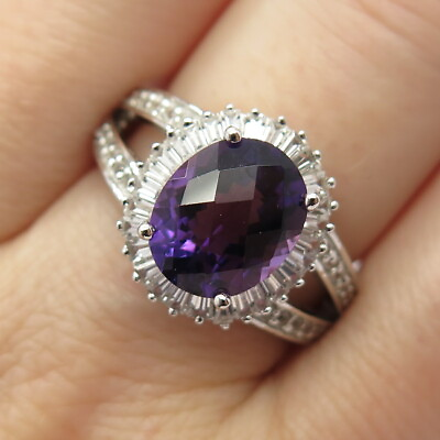 #ad 925 Sterling Silver Real Amethyst amp; White Topaz Gemstone Ring $35.99