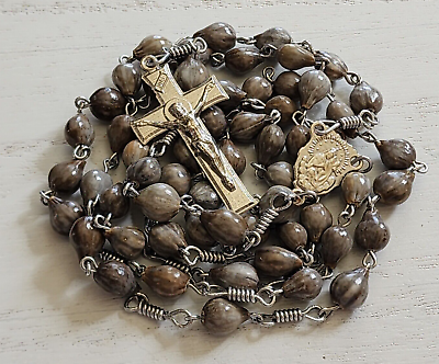 #ad Catholic Rosary Job#x27;s Tears Seed Beads Sacred Heart of Jesus Crucifix Scapular $19.99