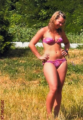 #ad 2012 Vintage Photo Curvy Pretty Young Woman Smile Female Beach Pink Bikini $14.50