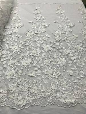 #ad White 3D Floral Design Embroidered With Pearls in a Mesh Lace Fabric By Yard $34.36