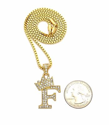 #ad Iced 14K Gold plated King Crown Letter quot;Fquot; Pendant amp; 24quot; Box Chain Necklace $14.99