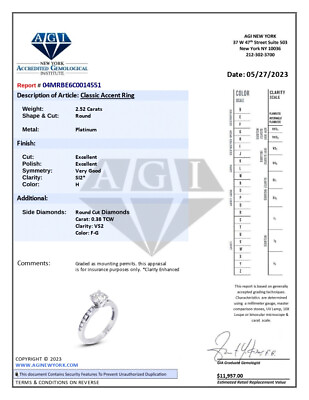 #ad 2.90ct tw H SI2 Round Natural Certified Diamonds Platinum Classic Accent Ring $4653.00