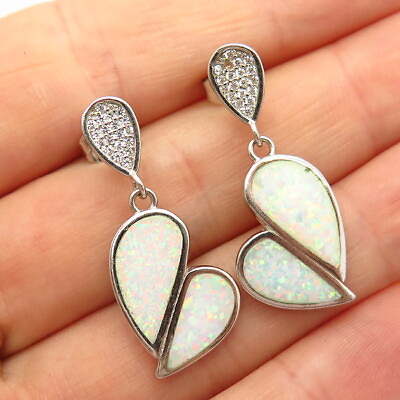 #ad 925 Sterling Silver Real Opal Gem amp; C Z Heart Design Dangling Earrings $28.99