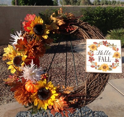 #ad Hello Fall Floral Grapevine Wreath Fall Thanksgiving Orange Yellow Handmade $42.00