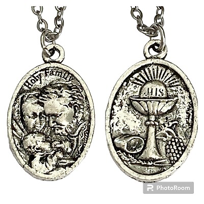 #ad Vintage Holy Family Catholic Necklace Pendant Stainless Steel 18quot; Medal Jesus $9.99