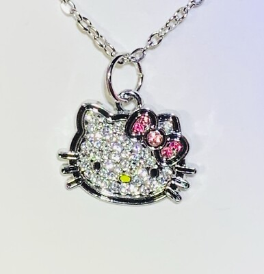 #ad Silver Hello Kitty Crystal Clear amp; Pink CZ Charm Pendant Silver Necklace Chain $9.75