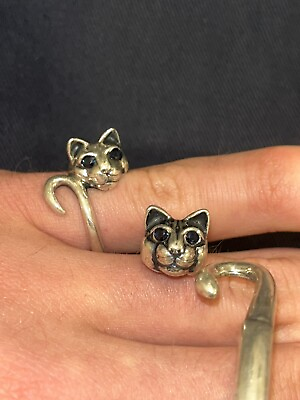 #ad Kabana Wrap Flex Cuff Vintage 925 Silver sapphire Eye Kitty Cat bracelet ring $105.00