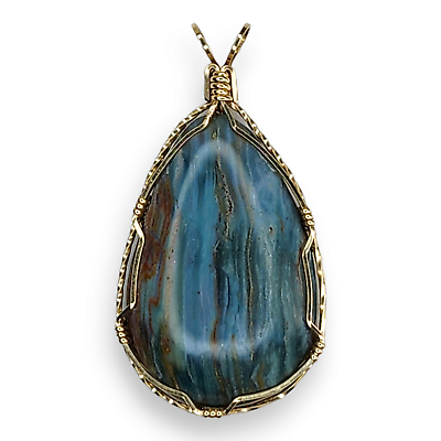 #ad Handmade Artisan Wire Wrapped Blue Stone Agate Pendant with Gold Filled Necklace $67.99