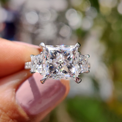 #ad 3.64Ct Princess Cut Colorless Moissanite Three Stone Wedding Ring 14K White Gold $430.31
