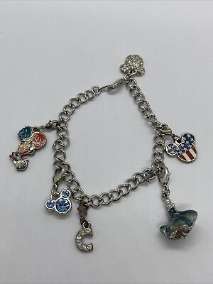 #ad Crystal Mickey Silver Bracelet Crystal Authentic Disney 7.5” Many Charms $11.70