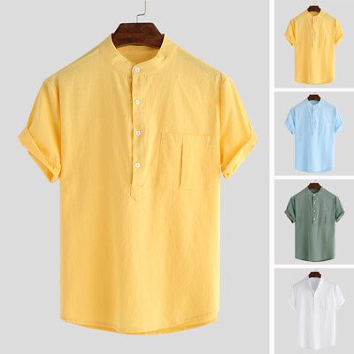 #ad US STOCK Men Short Sleeve Cotton Linen Casual Henley Shirt Beach Holiday Tee Top $10.54