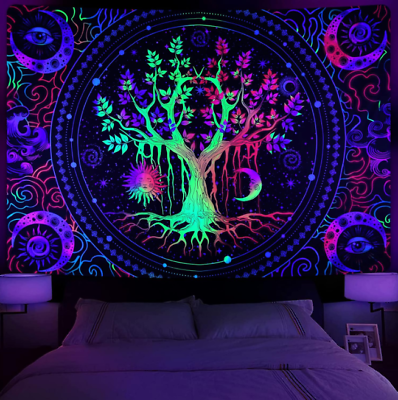 #ad Blacklight Tree of Life Trippy Sun and Moon Wall Tapestry Uv Reactive $23.93