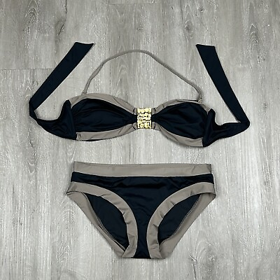 #ad NWOT $144 Trina Turk Swimwear Taupe Black Color Block Gold Embellishments Sz 8 $28.97