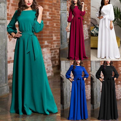 #ad #ad ✿Womens Elegance Evening Dress Lantern Sleeve Solid Color Long Party Dress G $18.08