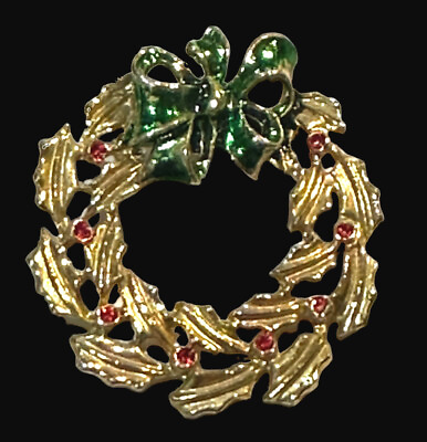 #ad Wreath Brooch Vintage Red Rhinestone Green Bow Gold Tone Christmas Holiday $18.39
