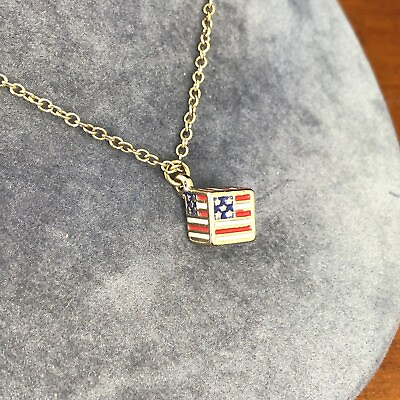 #ad Gold Tone American Flag Block Enamel Pendant Cube USA Patriotic Necklace 20quot; $15.00