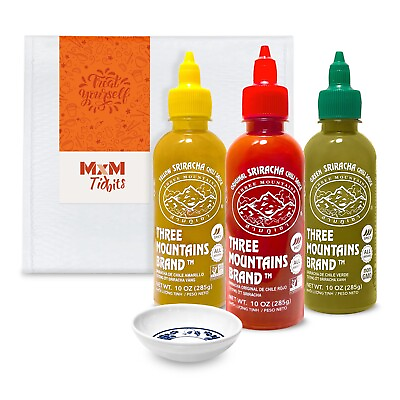 #ad Three Mountains Brand Yellow Original and Green Sriracha Chili Sauce with Dish $18.98