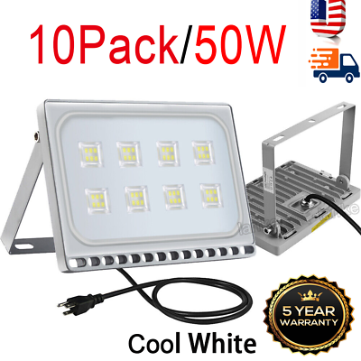 #ad 10x 50W LED Flood Light With US PLUG Cool White Outdoor Spotlight Garden Lamp $111.61