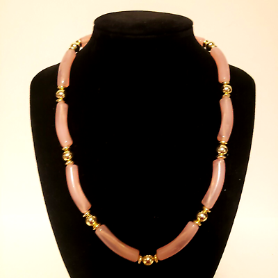 #ad Pink Long Curved Acrylic Beaded Gold Tone Beaded 18 inch Necklace $8.95