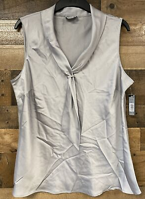 #ad TAHARI ARTHUR S LEVINE Petite Silver Gray Sleeveless Blouse W Tie Accent NEW PL $19.99