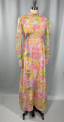 #ad Vintage Dress SIZE SMALL psychedelic neon pink green yellow 60s 70s maxi long $99.00