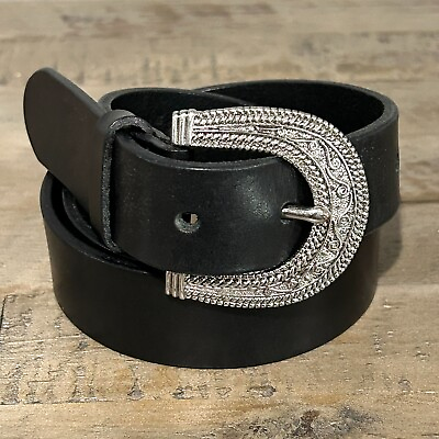 #ad Ralph Lauren Black Leather Belt Womens M Ornate Boho Silver Horseshoe Buckle LRL $22.99