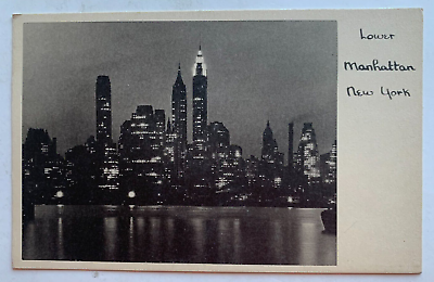 #ad Vintage NY Postcard NYC New York City Lower Manhattan Skyline night skyscrapers $6.99