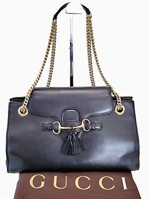 #ad *Rare* GUCCI Shoulder Bag Horsebit Emily Chain Leather Black Auth $748.99