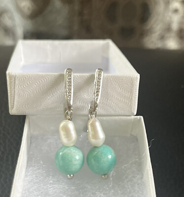 #ad Magic Modern Real Pearl And Aquamarine Stone Earrings Handmade. Silver Metal $26.00