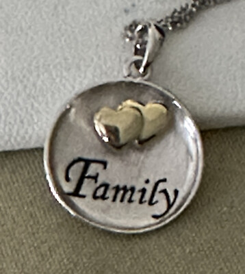 #ad STERLING ROUND PENDANT W ‘FAMILY’ amp; GOLD PLATED HEARTS amp; 22” DIAMOND CUT CHAIN $31.99