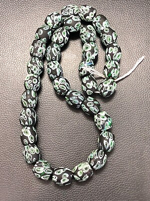 #ad Impressive Vintage Venetian African Green Chevron Glass Beads 19mm Long Strand $100.00