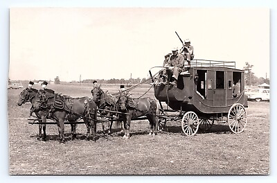 #ad Postcard RPPC Real Photo Wells Fargo Stage Coach Re enactment 1950s? Miscut Left $6.75