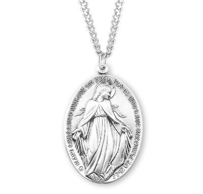#ad Sterling Silver Art Deco Proile Style Miraculous Medal Pendant Catholic Necklace $117.88